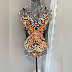 NWT Trina Turk One Piece Paisley Swimsuit Sz:14 Nepal Over The Shoulder Maillot.